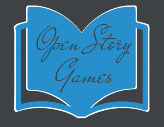 A blue book with a white outline sits on a dark gray background. Calligraphic dark gray text on the book reads, "Open Story Games."